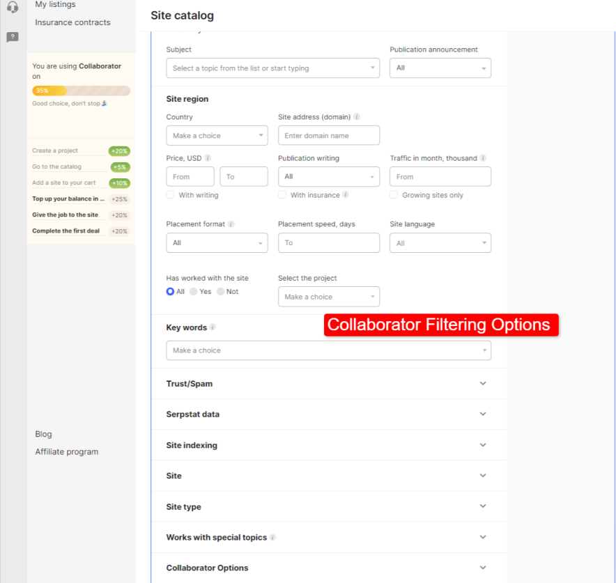 Collaborator Filtering Options