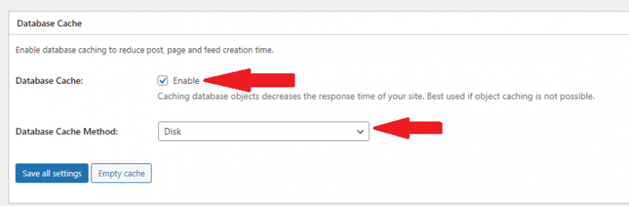 enable database caching - w3 total plugin settings