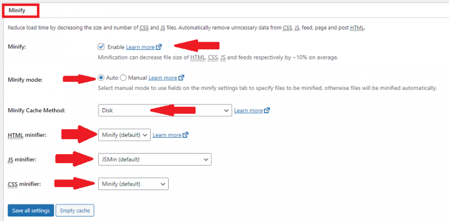 enable minify - w3 total cache plugin settings