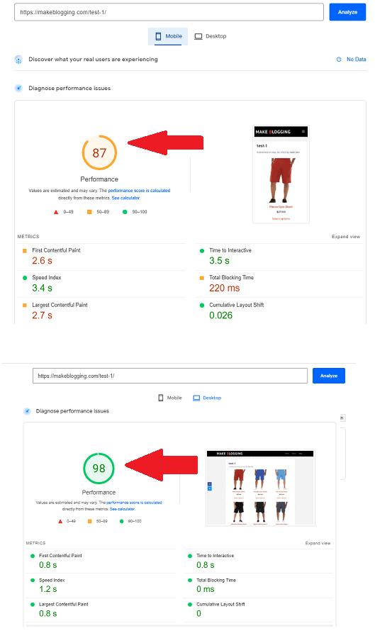 google pagespeed report - litespeed cache performance test result