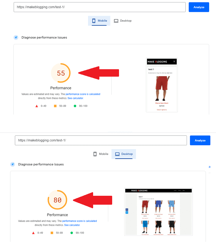 google pagespeed test 2 result - situation before installing a w3 total cache plugin