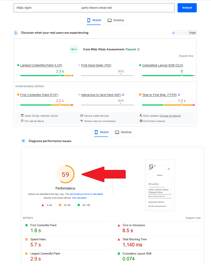 google pagespeed test 3 results - situation before installing a w3 total cache plugin