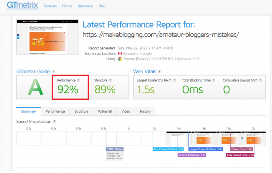 gtmetrix test 1 results - situation before installing a w3 total cache plugin