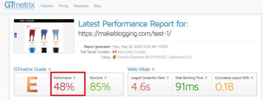 gtmetrix test 2 results - situation before installing a w3 total cache plugin