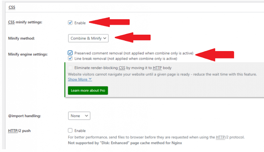 minify css settings