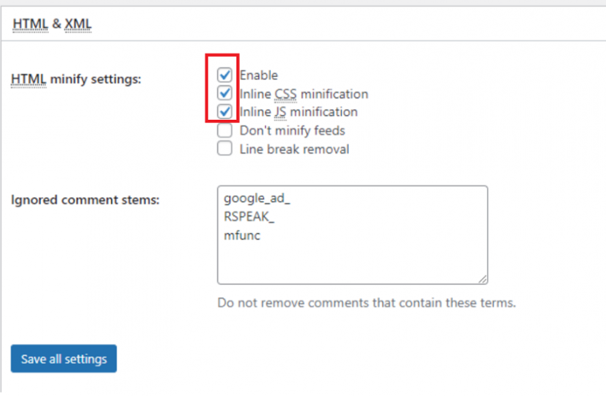minify html and xml settings