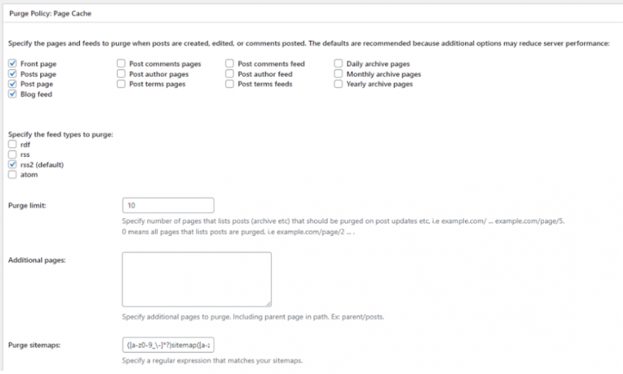 purge policy page cache settings