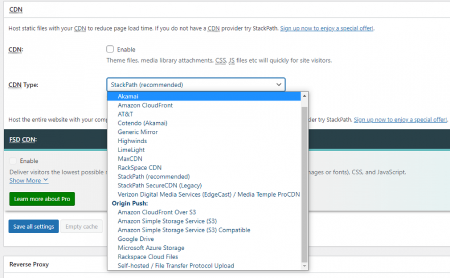 w3 total cache CDN options