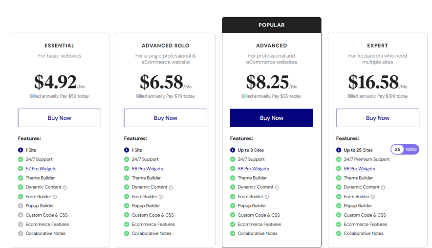 elementor pricing and plans