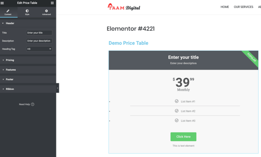 elementor pricing table widget