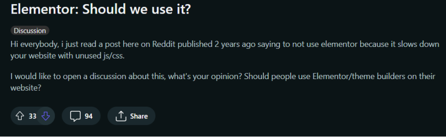 reddit user asked about elementor performance