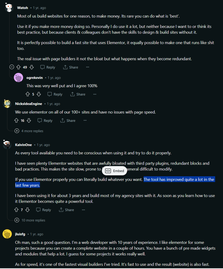 reddit user reviews on elementor performance