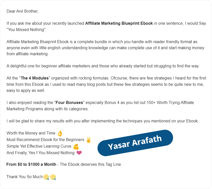 Yasar Arafath Email testimonial