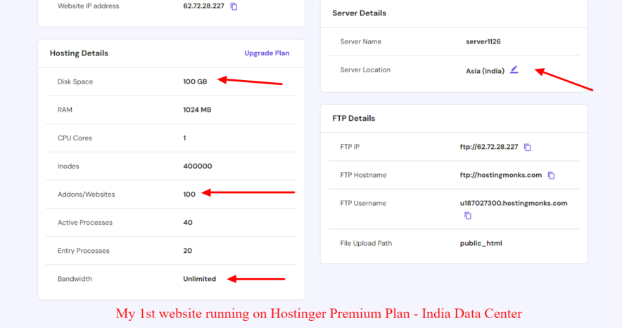 my hostinger 1st website running on premium plan