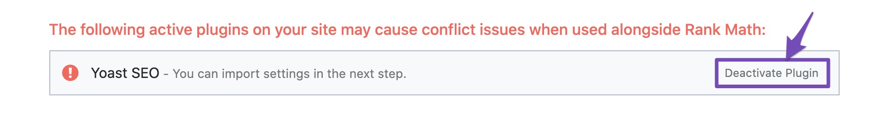 Deactivate Yoast SEO plugin in Rank Math setup wizard