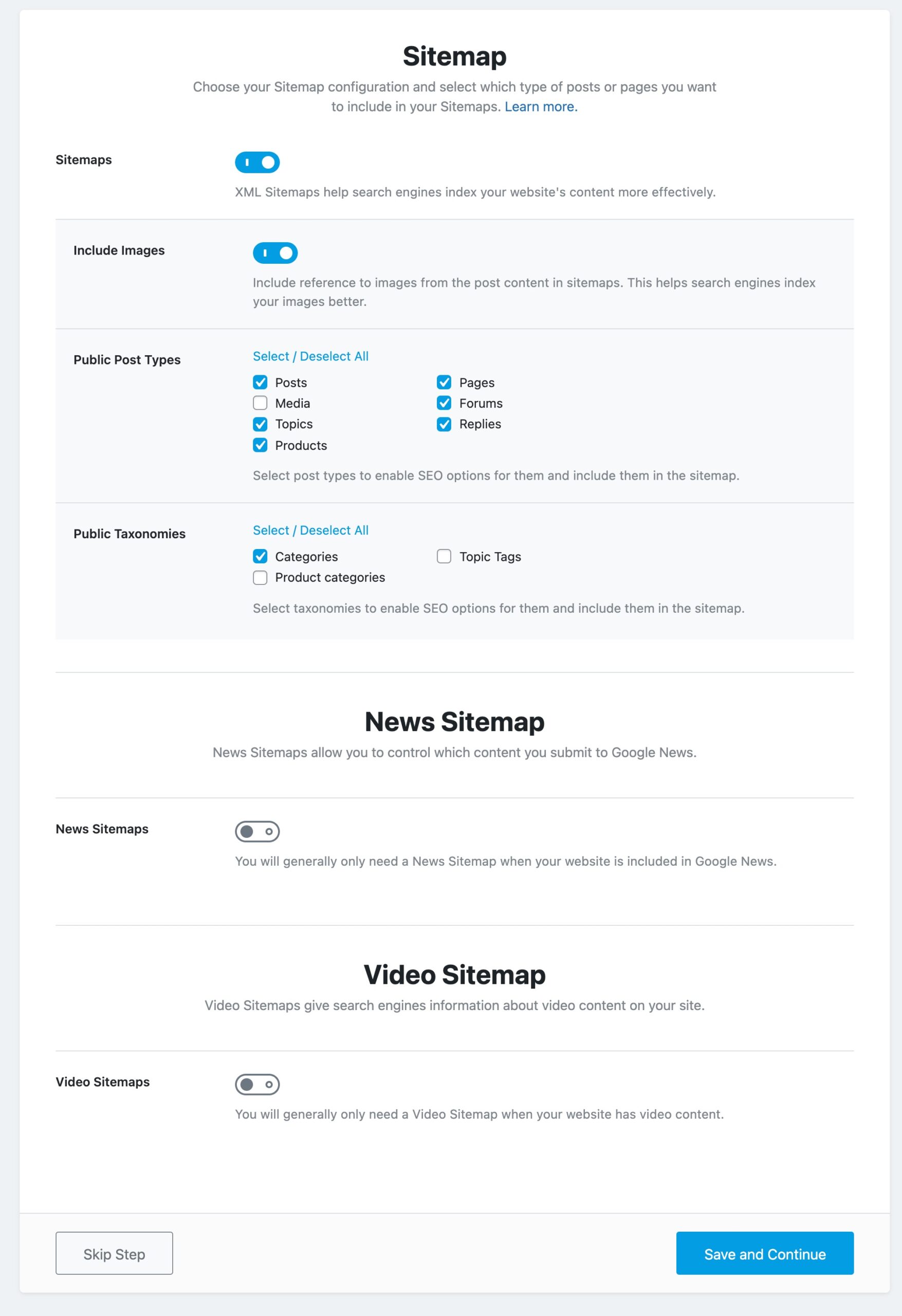 All The Options In The Sitemap Step