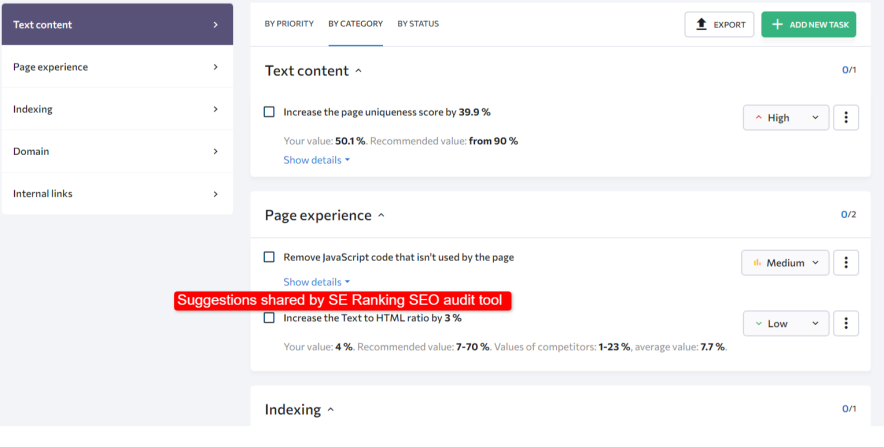 Suggestions shared by SE Ranking SEO audit tool