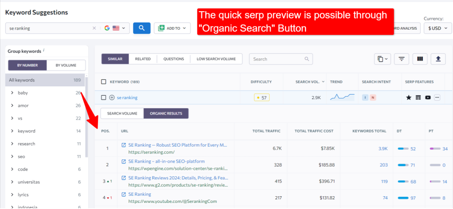 The quick serp preview is possible within se ranking keyword suggestion tool