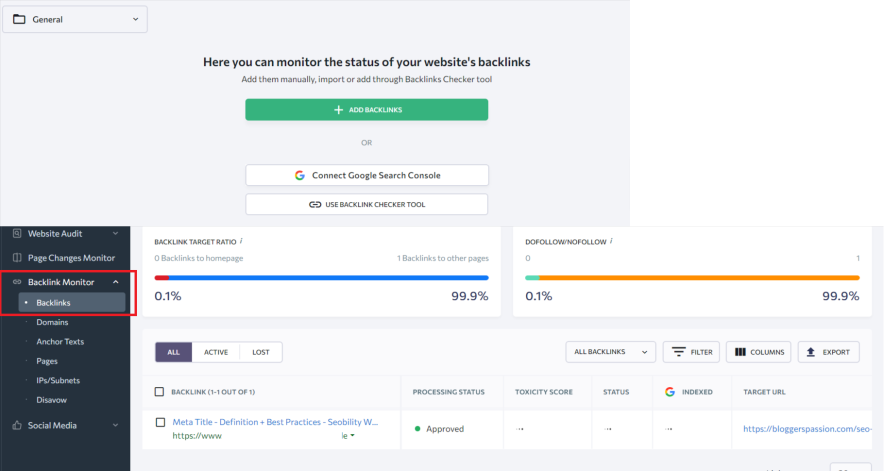 backlink monitor tool of se ranking