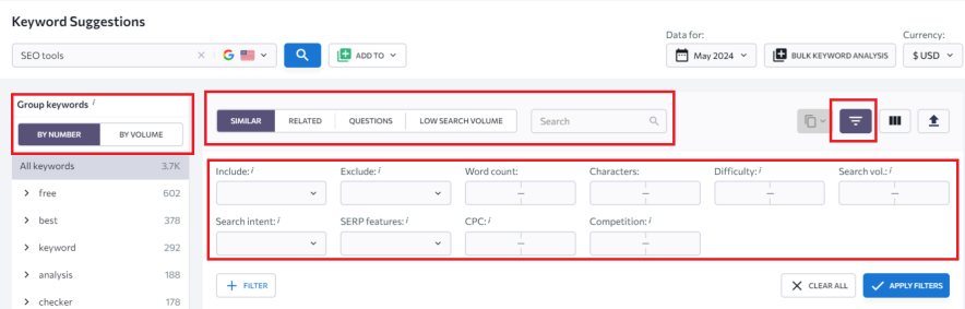 filters available in se ranking keyword research tool