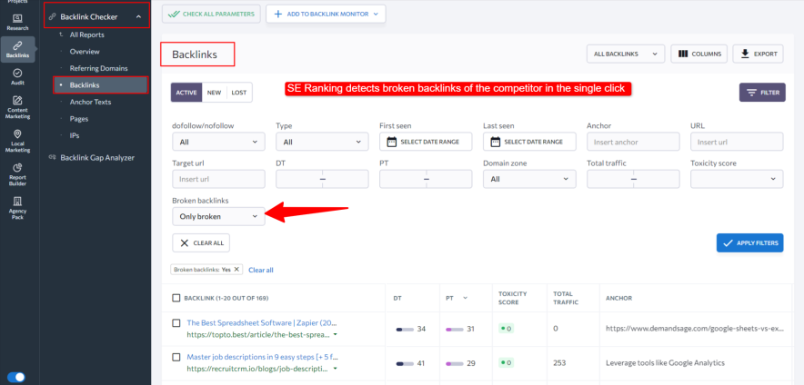 se ranking detects broken backlinks of the competitor in the single click