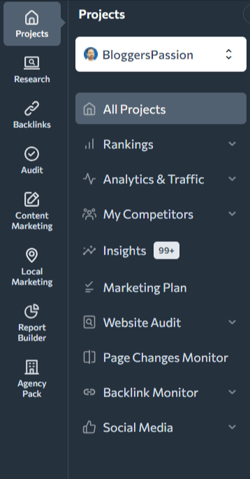 sidebar UI of se ranking - simple and straightforward