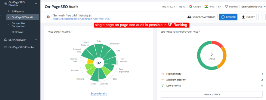 single page on page seo audit is possible in SE Ranking