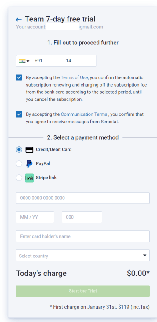 serpstat trial enter credit card details