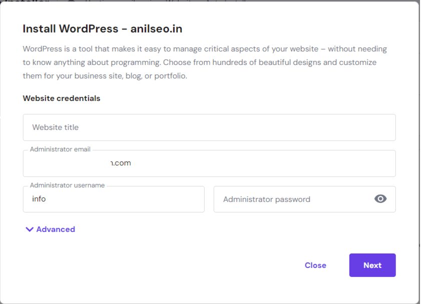 Upon selecting WordPress, all you have to input these credentials