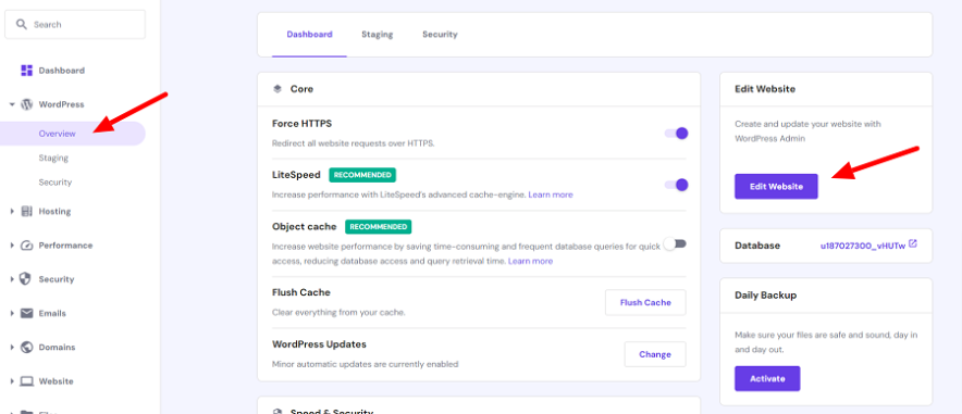 wordpress dashboard hostinger