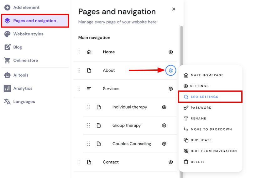 manage SEO settings inside hostinger website builder