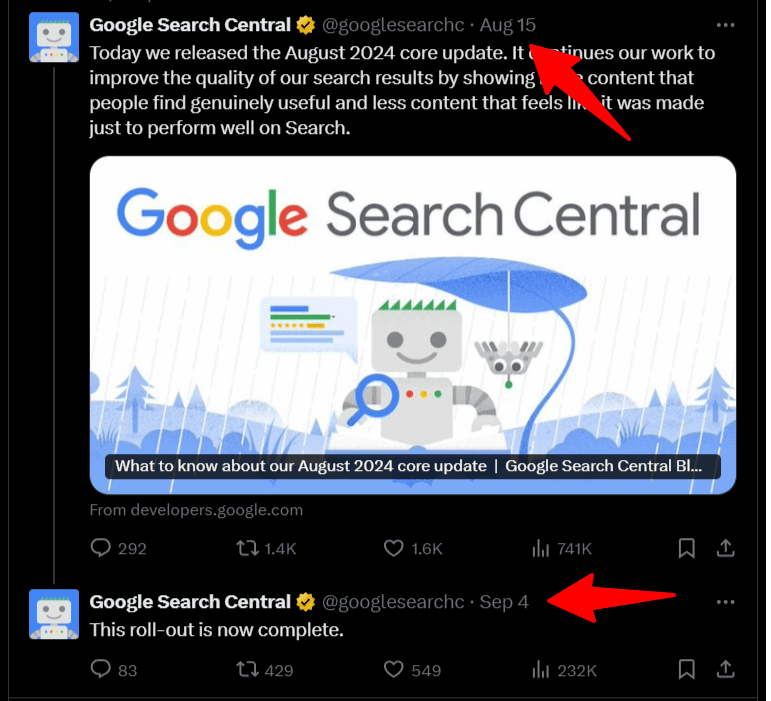 google core update august 2024 announcement made by google search central on twitter