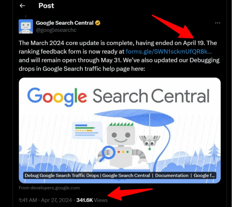 google notifies on twitter about the completion of google core update march 2024