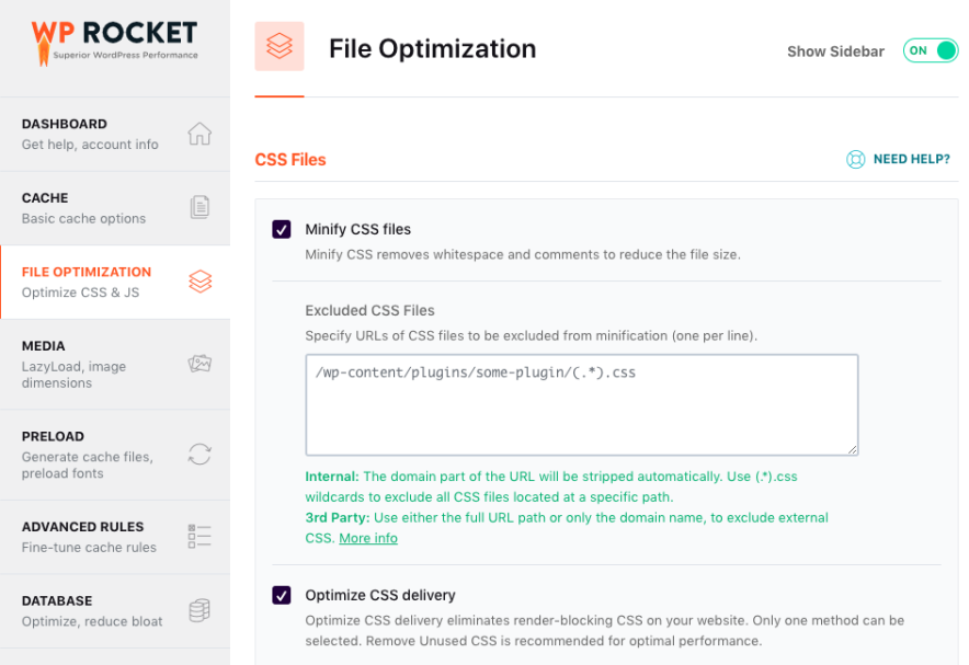 WP Rocket File Optimization tab