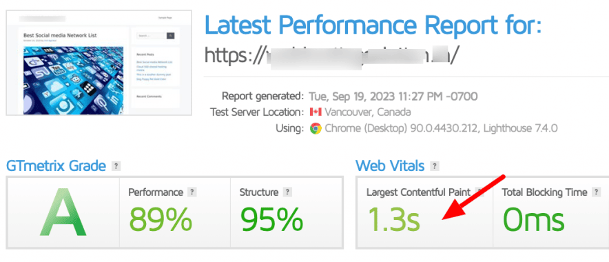 nexcess speed test result on gtmetrix 