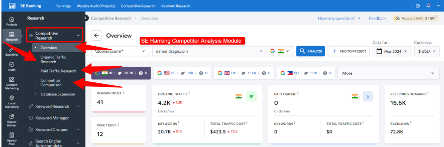 SE Ranking Competitor Analysis Module