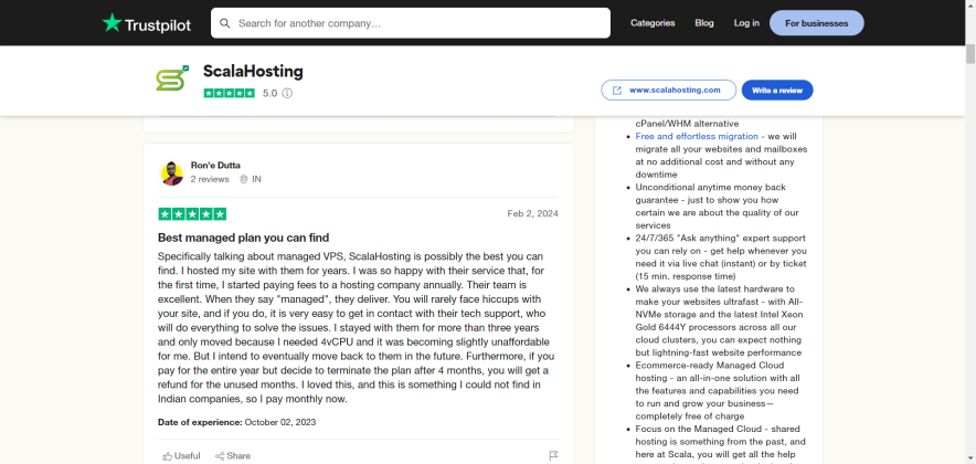 Scala hosting customr reviews