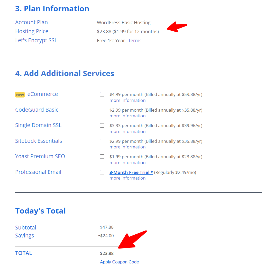 bluehost pricing after coupon code applied