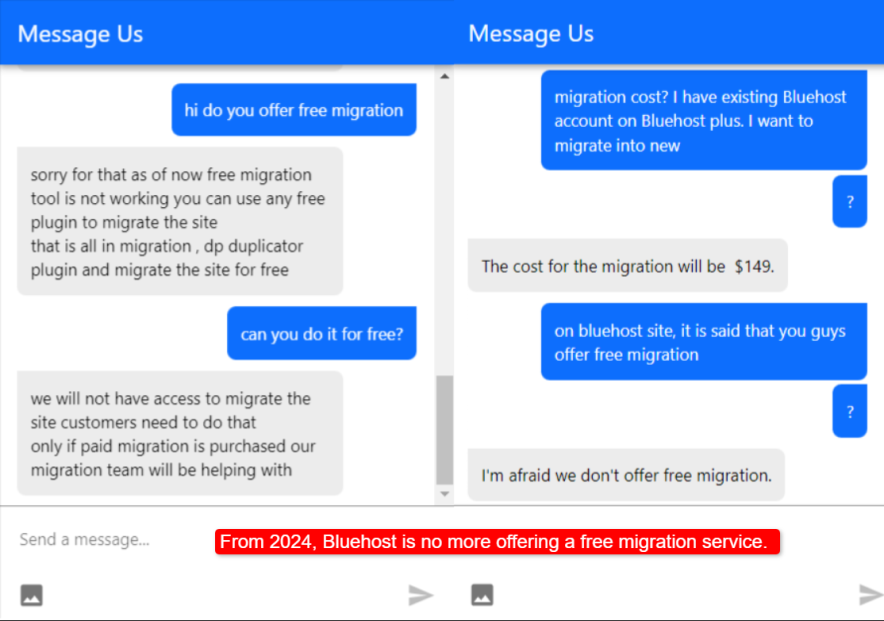 from 2024 bluehost charges $149 extra for migrating a single website