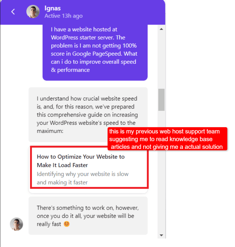 this is my previous web host support team suggesting me to read knowledge base articles and not giving me a actual solution