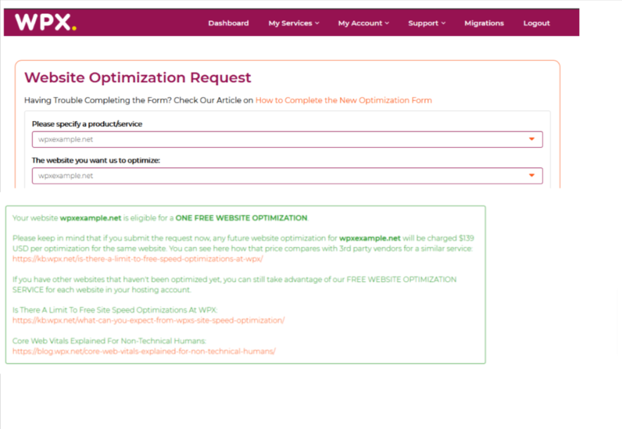 filling site optimization form for fixing wpx site optimization