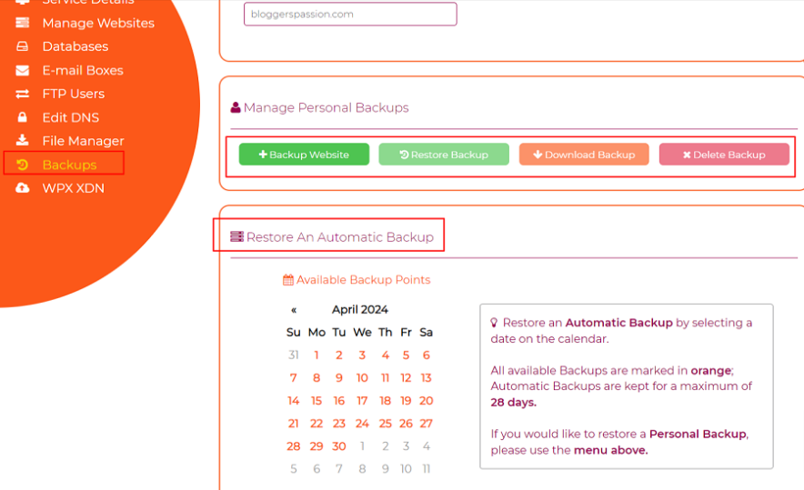 wpx automated backup service - they retained automated backups for the last 28 days