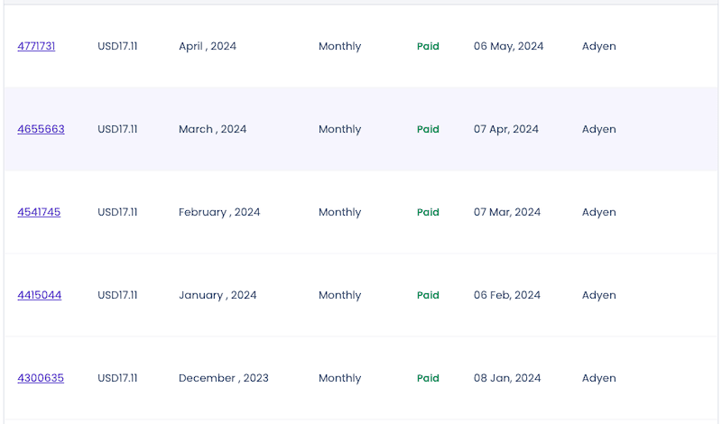 cloudways 5 recent invoices