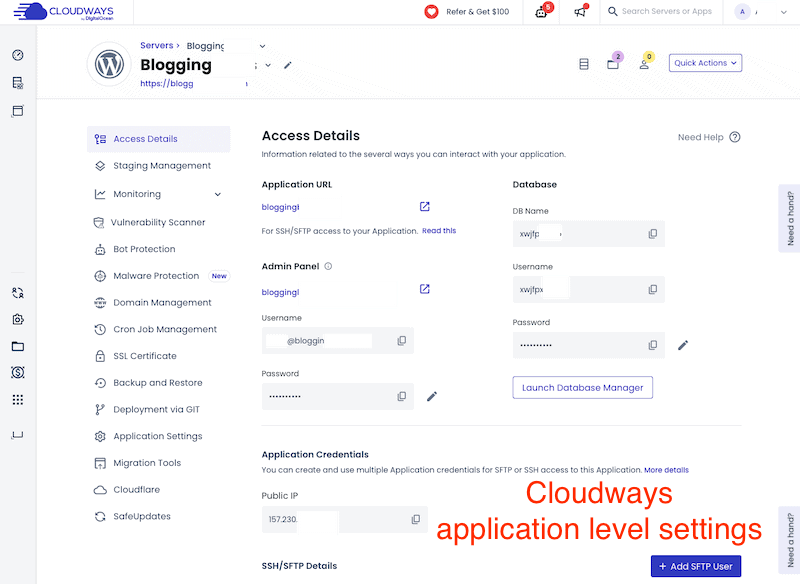 cloudways application level settings