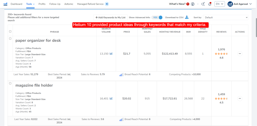 Helium 10 provided product ideas through keywords that match my criteria