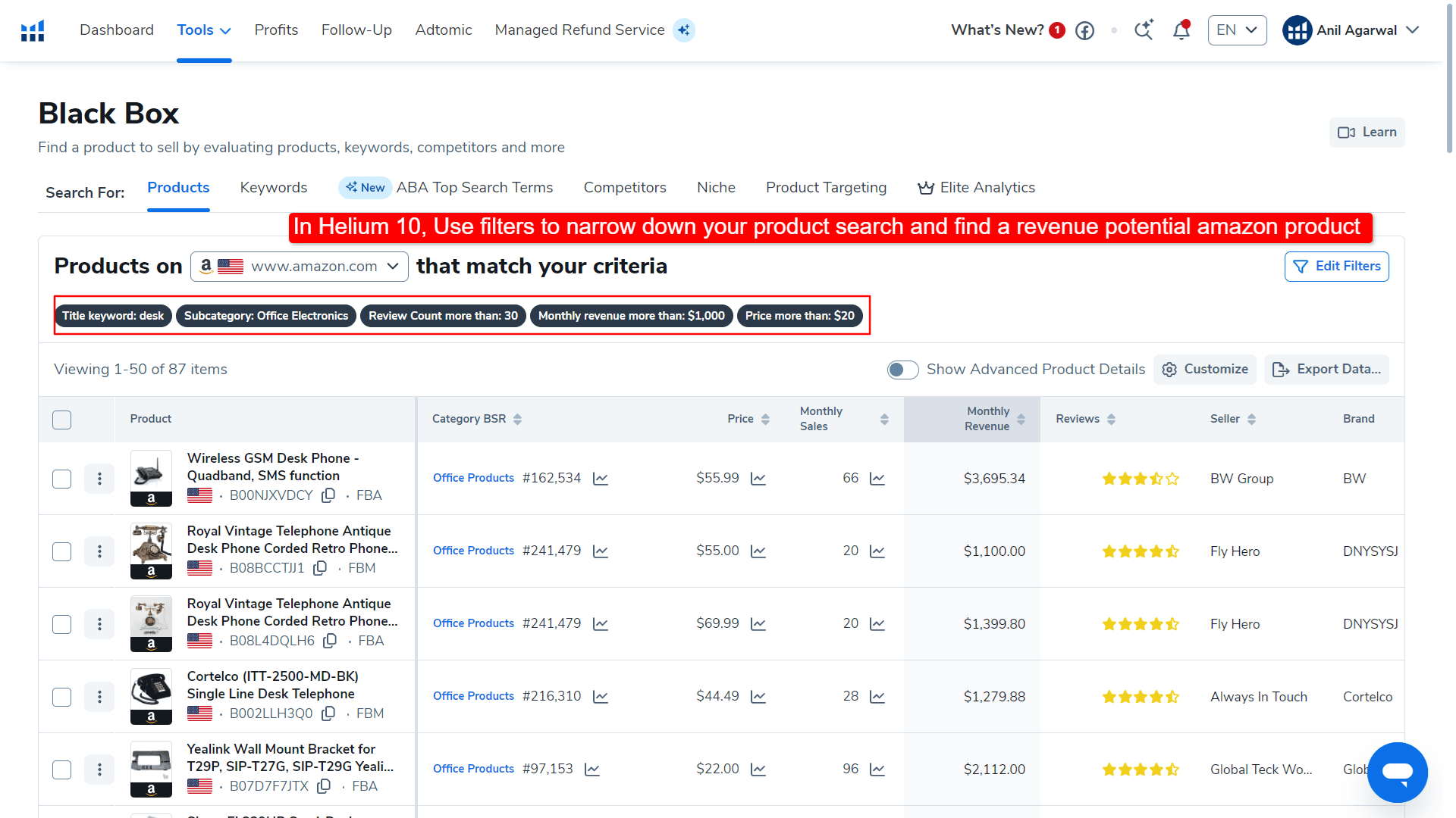 In Helium 10, Use filters to narrow down your product search and find a revenue potential amazon product