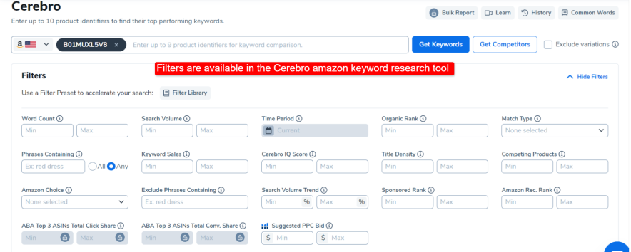 filters are available in the Cerebro amazon keyword research tool