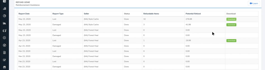 helium 10 - refund genie tool dashboard