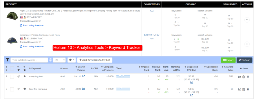 keyword tracker in helium 10