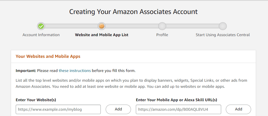 Listing Website in Amazon Associate Account